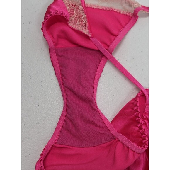 Victoria's Secret Sleepwear Women's M Hot Pink Beige Babydoll Teddy Lace Nightie - Picture 8 of 9